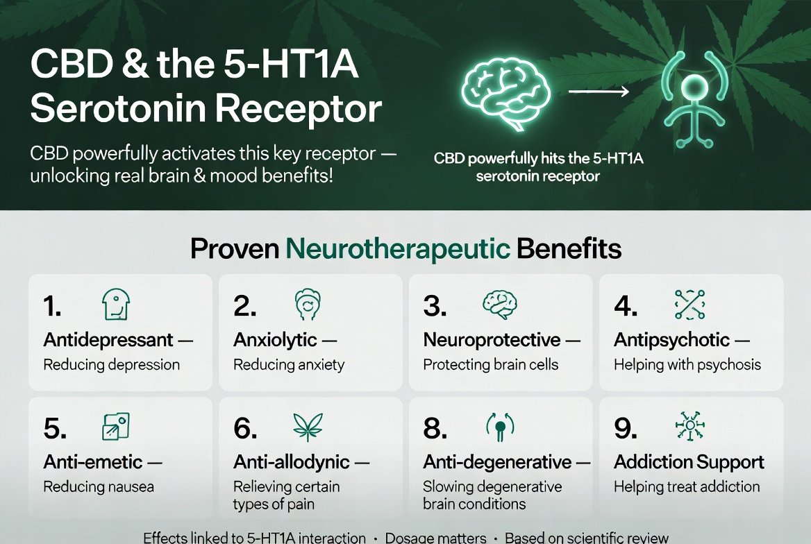 CBD  powerfully hits the 5-HT1A serotonin receptor — unlocking real antidepressant and anti-anxiety effects!

And more!

Reducing depression (antidepressant)
Reducing anxiety (anxiolytic)
Protecting brain cells (neuroprotective)
Helping with psychosis (antipsychotic)
Reducing