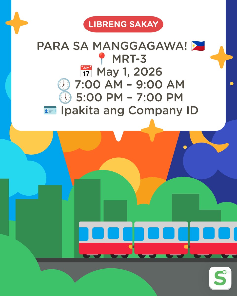 sakayph's tweet photo. Libreng Sakay sa MRT-3 para sa lahat ng workers ngayong Labor Day, May 1, 2026. 🚆💼🇵🇭

🪪 Ipakita lamang ang inyong company ID upang makapag-avail ng libreng sakay.

📲 Planuhin ang inyong biyahe gamit ang https://t.co/DL565imgBq para mas magaan ang commute. https://t.co/2bIyIbmdVY