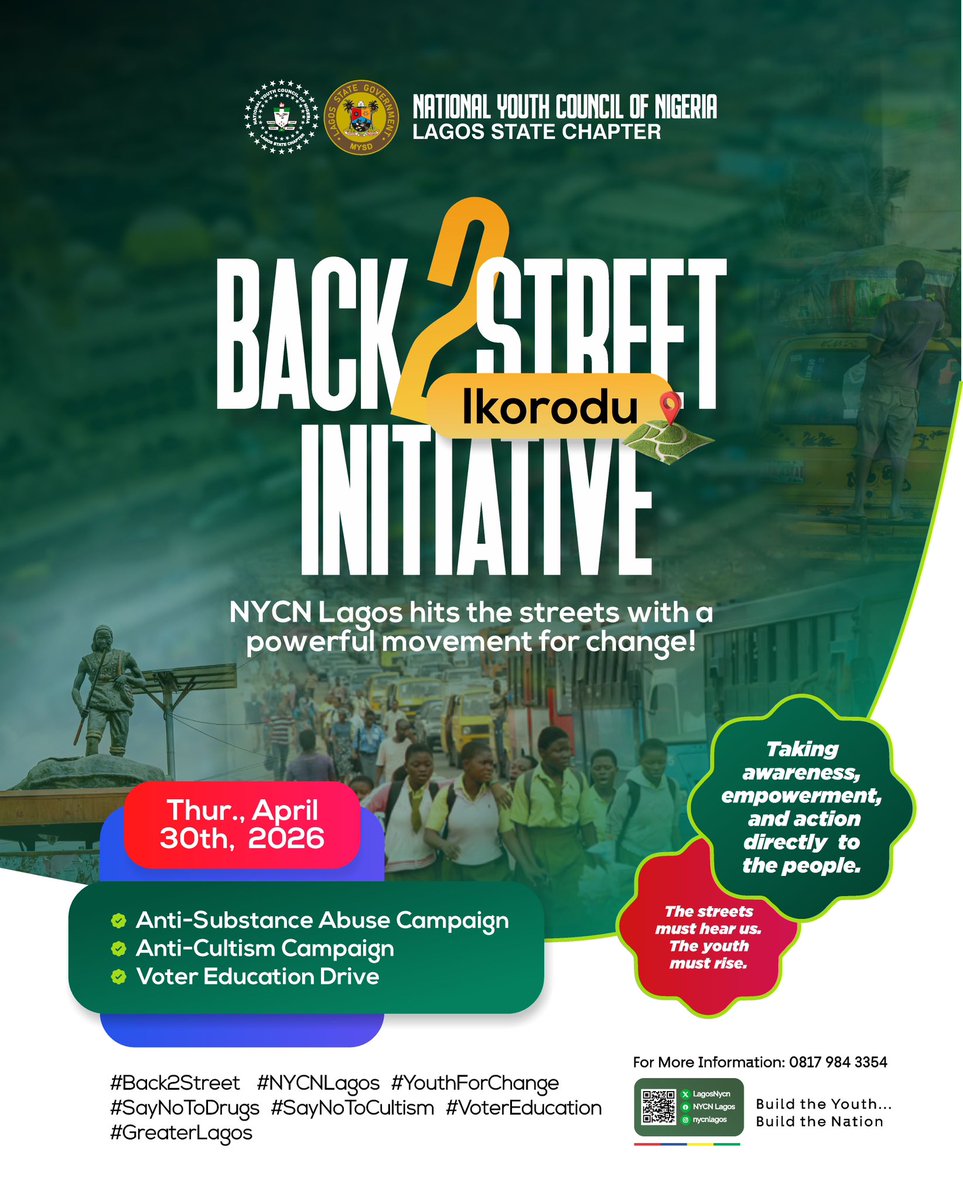 Back2Street Initiative is here! 🚨  
IKORODU Edition 

This Thursday, April 30th, we take the movement to Ikorodu as NYCN Lagos steps directly into our communities to drive real change where it matters most.  

This is more than a campaign — it’s a call to action.  

🔹 Say NO to
