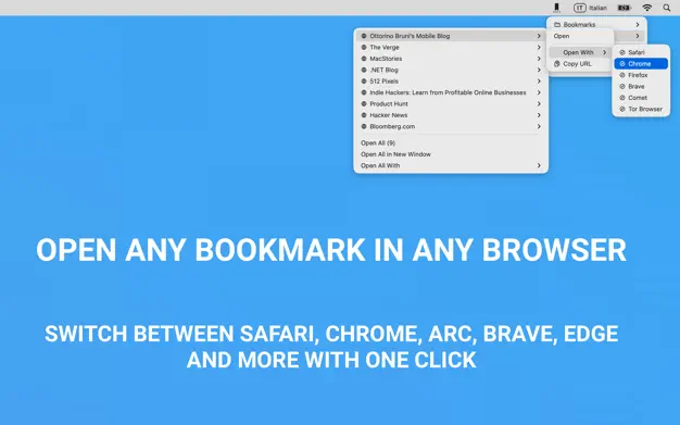 ottorinobruni's tweet image. Still jumping between browsers for your bookmarks? 🤯
Keep everything in one menu bar and open links in any browser instantly
apps.apple.com/us/app/bookmar…
#indiedev #macOS #productivity