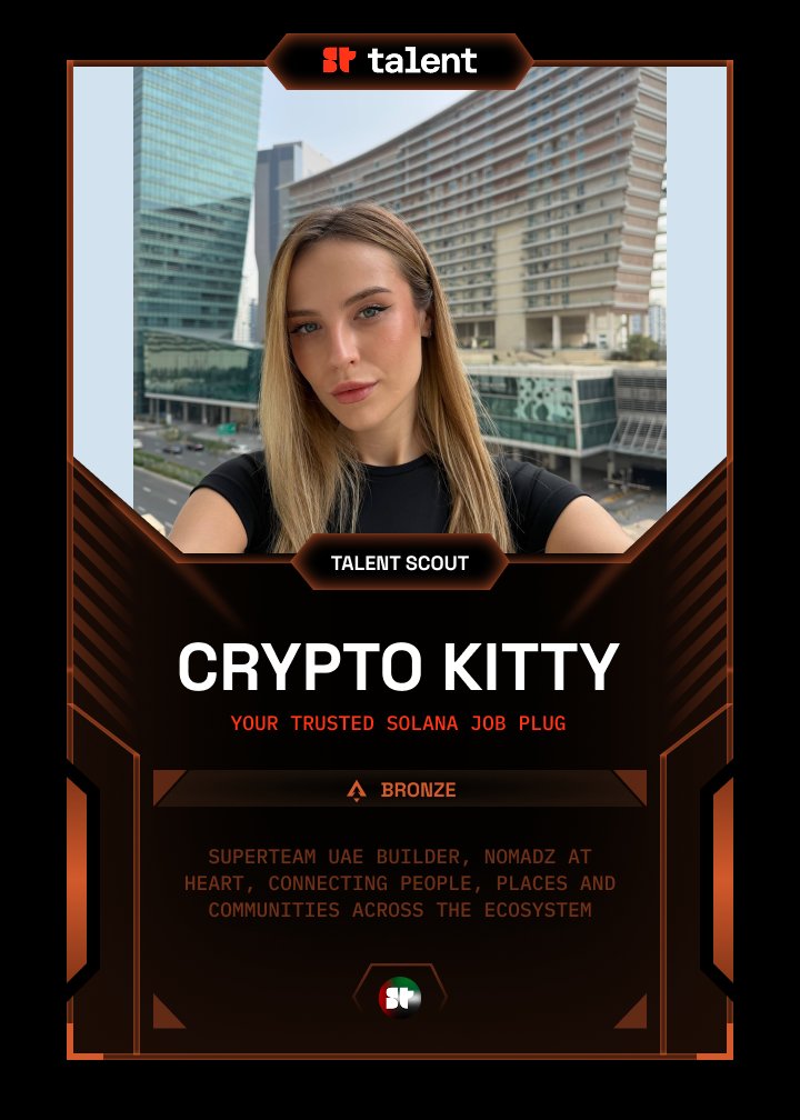 SuperteamTalent's tweet photo. III. @cryptokitty_3x

Superteam UAE builder, Nomadz at heart, connecting people, places and communities across the ecosystem

Community: @SuperteamAE https://t.co/hHqd12ZgNm