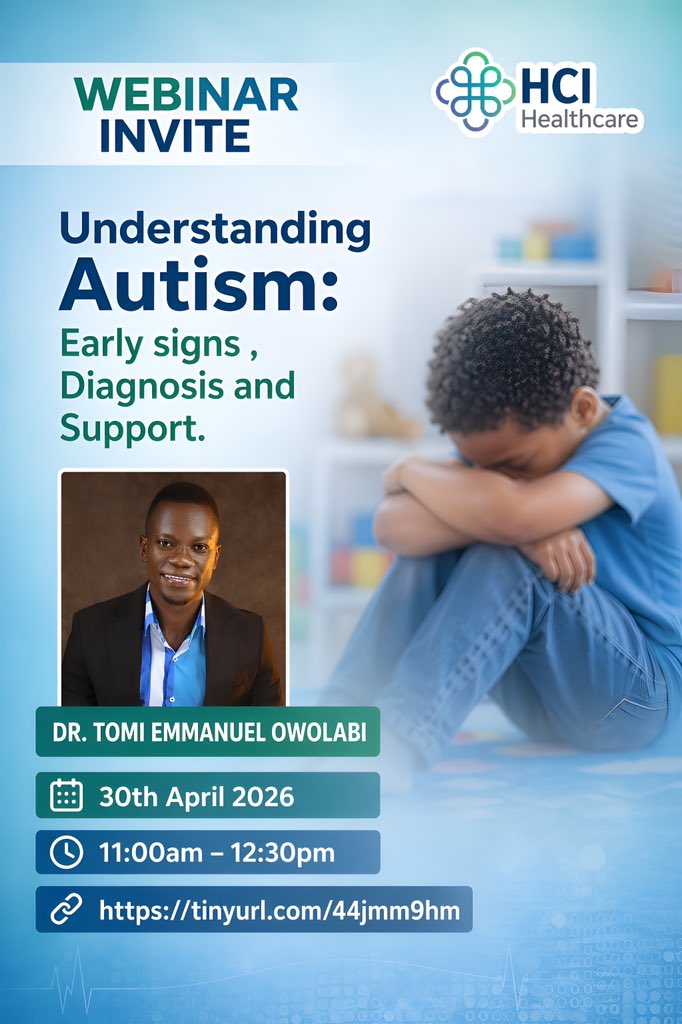 HealthcareIntl_'s tweet photo. Understanding autism is key to early support and better outcomes.
Join our webinar on Early Signs, Diagnosis &amp; Support.
🎤 Dr. Tomi Emmanuel Owolabi 
🗓 April 30, 2026
⏰ 11:00 AM – 12:30 PM
🔗 https://t.co/ItVXrYdS8A
#AutismAwareness #HCIHealthcare #HealthEducation https://t.co/q2T5f4My6S