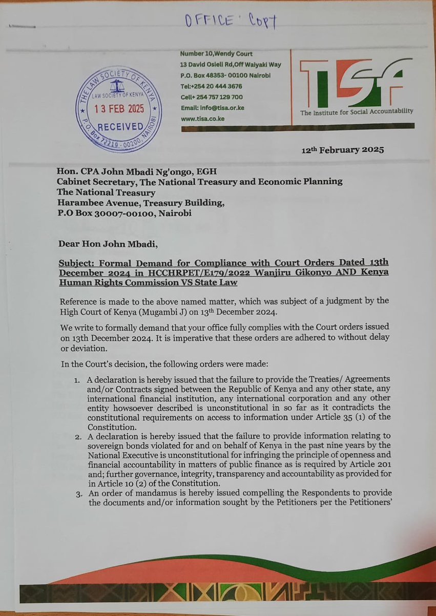 OkoaUchumi_KE's tweet photo. Kenya’s Debt Files! 

In 2022, TISA went to court demanding access to Kenya’s debt contracts  and on 13th Dec 2024, the High Court (HCCHRPET/E179/2022) ruled in favour of transparency.

To date, the National Treasury has still NOT  complied. We continue to demand the release of all sovereign bond agreements/contracts signed by the Government of Kenya, including their terms and conditions, and full disclosure on how sovereign bond funds have been spent over the past nine years.

Today’s case by Sen. Okiya Omtatah Okoiti is a separate case  but it adds to the growing pressure for accountability on Kenya’s debt.

Article 35(1) of the Constitution guarantees access to information. Transparency in public finance is a right, not a privilege — and we’re hopeful this growing pressure finally delivers the accountability Kenyans deserve. 🇰🇪⚖️

#DeniBandia #OdiousDebt #PublicDebt