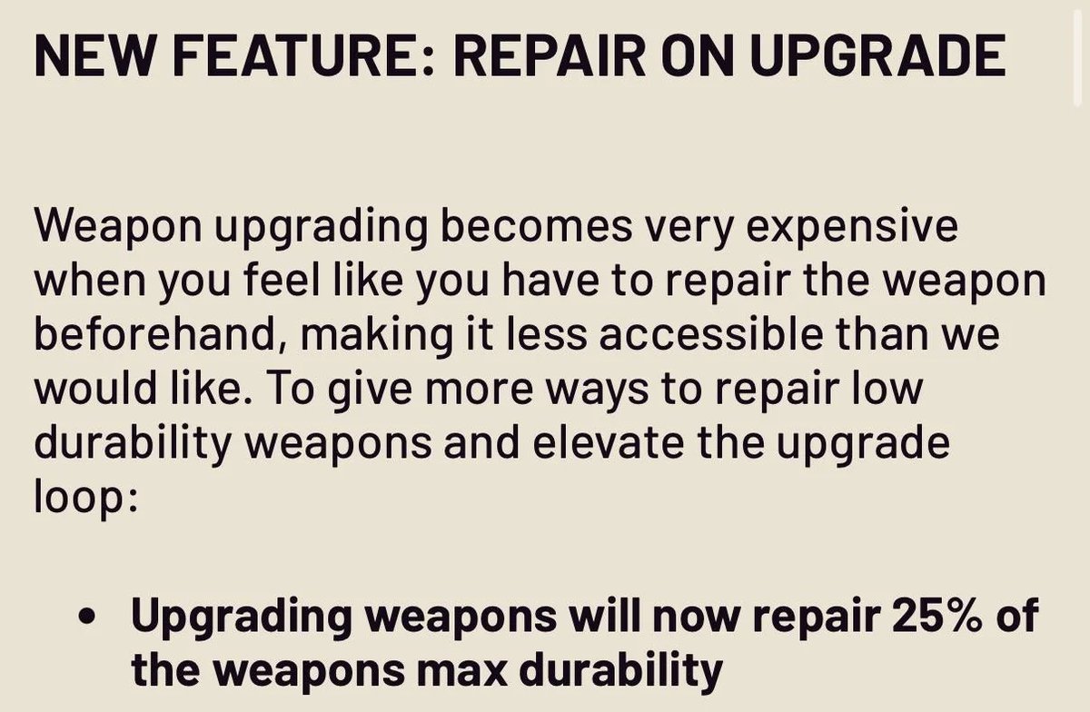 ArcRaidersNow's tweet image. NEW FEATURE: REPAIR ON UPGRADE #ArcRaiders 

Weapon upgrades just got smarter 

You no longer have to fully repair your weapon before upgrading it. Now, every time you upgrade a weapon, it automatically restores 25% of its max durability.

Less cost, less hassle, and a smoother