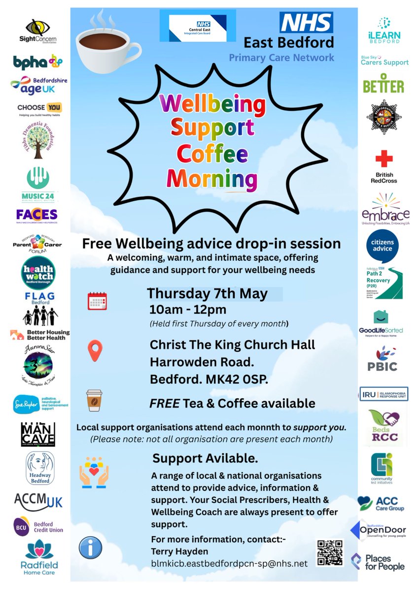 eastbedfordpcn's tweet image. Don't forget
PATIENT INFORMATION DROP-IN SESSION
Coffee Morning
📷Thursday 7th May
📷10am -12pm
📷Christ the king church hall
Harrowden rd, Bedford.
#Bedford #socialprescribing