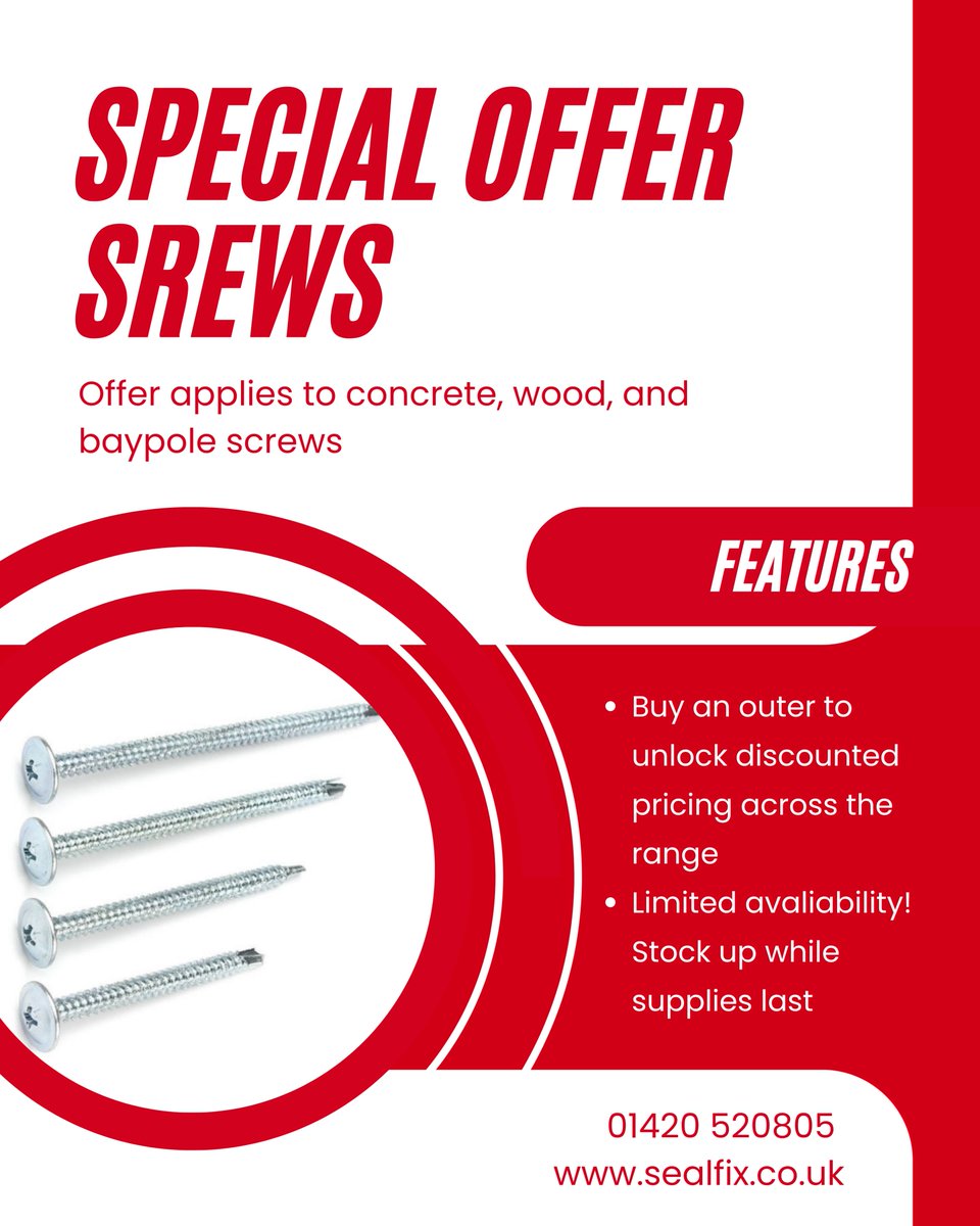 Sealfix's tweet image. 🔩 It’s the little things that hold everything together

From big builds to quick fixes, having the right screws on hand makes all the difference. And with our current offer, it’s a great time to stock up.
#DIYProjects #BuildingSupplies #TradeTools #HomeImprovement #OnOffer