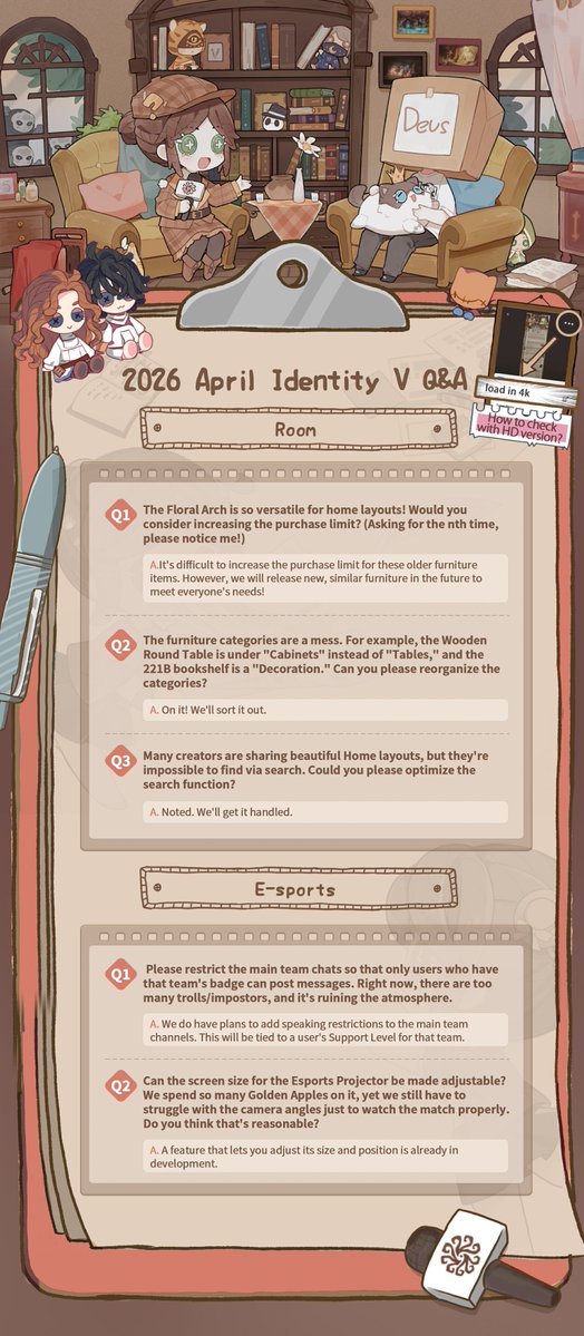 GameIdentityV's tweet image. Dear Visitors,
Here are our answers from Dev's Q&amp;amp;A 54! The collection for the next round of Q&amp;amp;A will end on April 30. Please, submit your questions via the link below:
forms.gle/CcAaXa5bMw5YWT…
Leave your comment, and we will pick 5 visitors for the test server code.
#IdentityV