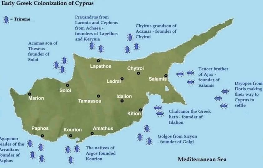 PlakoudasSpyros's tweet photo. Ο Τρωϊκός Πόλεμος συνδέεται με τον εποικισμό της Κύπρου από τους Μυκηναίους.

Οι εξής ήρωες μετέβησαν στην Κύπρο μετά την άλωση του Ιλίου σύμφωνα με την Μυθολογία:

- ο Τεύκρος ο Σαλαμίνιος, ο ιδρυτής της Σαλαμίνας

- ο Αγαπήνωρ ο Αρκάς, ο οικιστής της Πάφου

- ο Κηφέας ο Αχαιός, ο ιδρυτής της Κερύνειας

- ο Πράξανδρος ο Λακεδαιμόνιος, ο οικιστής της Λαπήθου

- ο Δημοφών & Ακάμας οι Αθηναίοι, οι ιδρυτές των Σόλων

Εν κατακλείδι, οι Έλληνες αφίχθησαν στην Κύπρο - ως οικιστές - ήδη από τον 12ο αιώνα π.Χ.

#Ιστορία
#Κύπρος