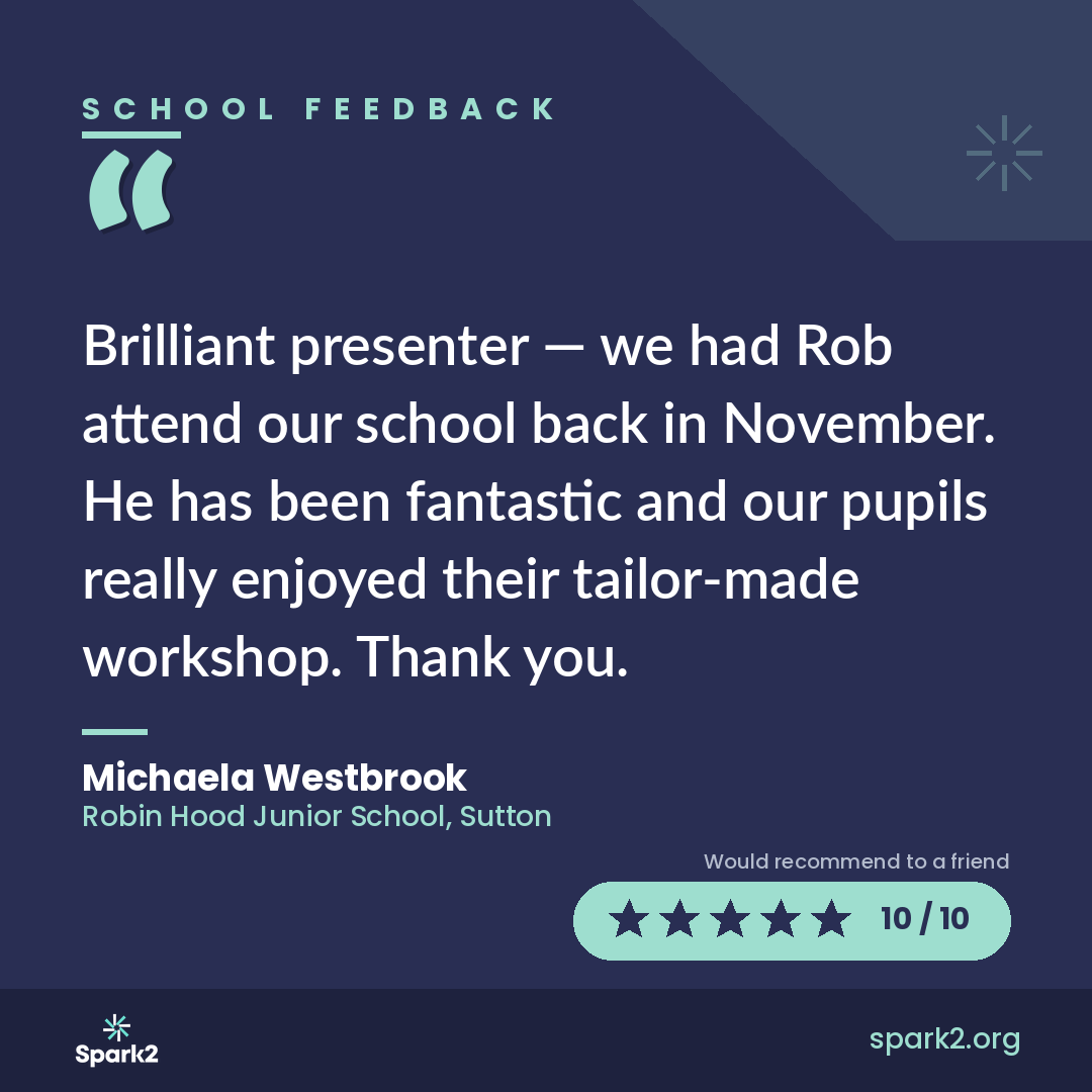 Spark2Education's tweet image. 10/10 from Robin Hood Junior School, Sutton. 🌟 "Brilliant presenter... our pupils really enjoyed their tailor-made workshop." Feedback like this means everything. Find out how Spark2 can visit your school: spark2.org #PrimarySchool #EducationUK