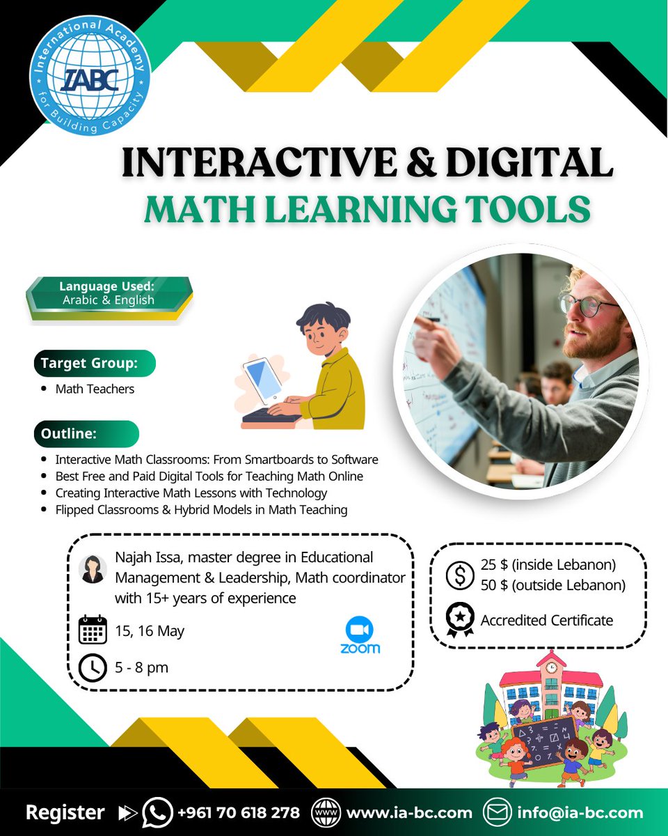 IABCMedia's tweet image. 📐 سجّل الآن في Interactive &amp;amp; Digital Math Learning Tools
لتتعرّف على أفضل المنصات، وتصمّم دروسًا تفاعلية،لتطبّق الصف المقلوب

💻Zoom
🎓شهادة معتمدة

▶️forms.gle/HqeVVKHduJoAQX…
📲+96170618278

#EdTech #MathEducation #STEM #FlippedClassroom #IABC