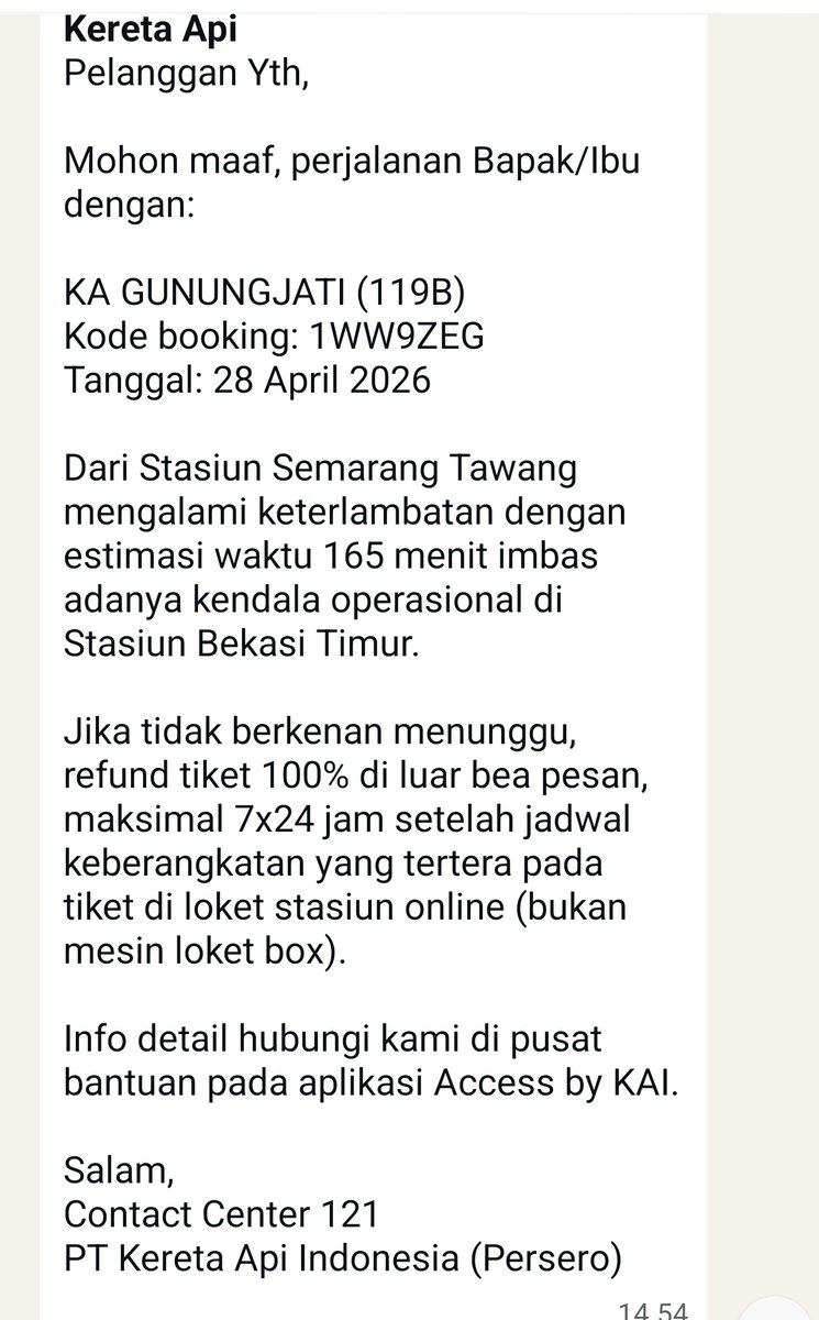 b4y27's tweet photo. @bnflhsa @KAI121 Iya dapet dari KAI terlambat 165 menit https://t.co/C0BL1g6H1l
