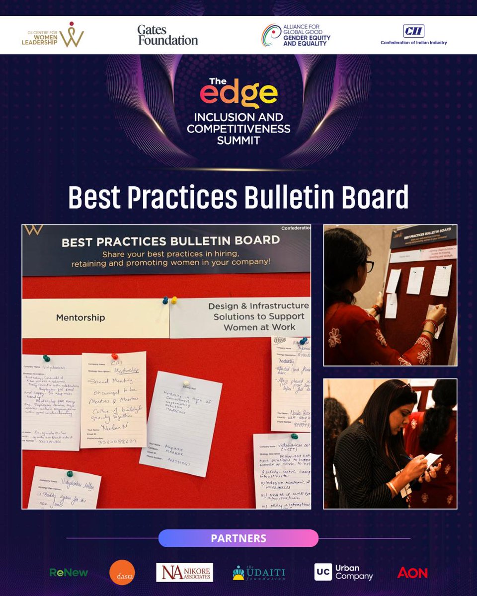 CIICWL's tweet photo. What is working? What needs rethinking? What deserves to travel across workplaces? The Best Practices Bulletin Board at #TheEdge2026 invited participants to share ideas and policies for advancing inclusion. 📝
#InclusiveBusiness #GenderParity https://t.co/zq7C3THZjE