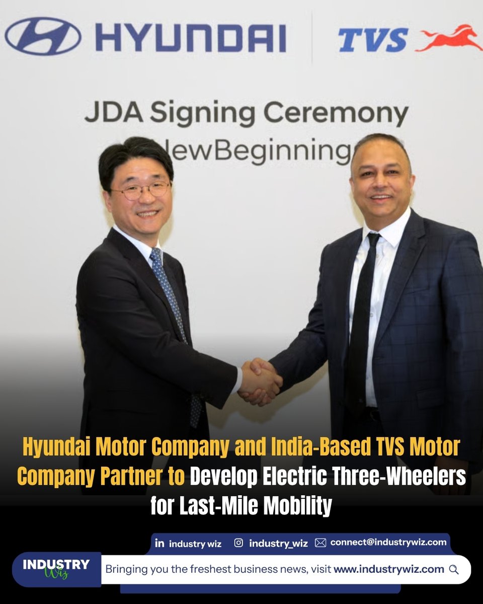 Industry_wiz's tweet image. Hyundai Motor Company and TVS Motor Company have signed a joint development agreement to design, manufacture, and commercialize electric three-wheelers  for India and global markets.

industrywiz.com/hyundai-tvs-pa…

#SustainableTransport #AutomotiveInnovation #industrywiz #industry