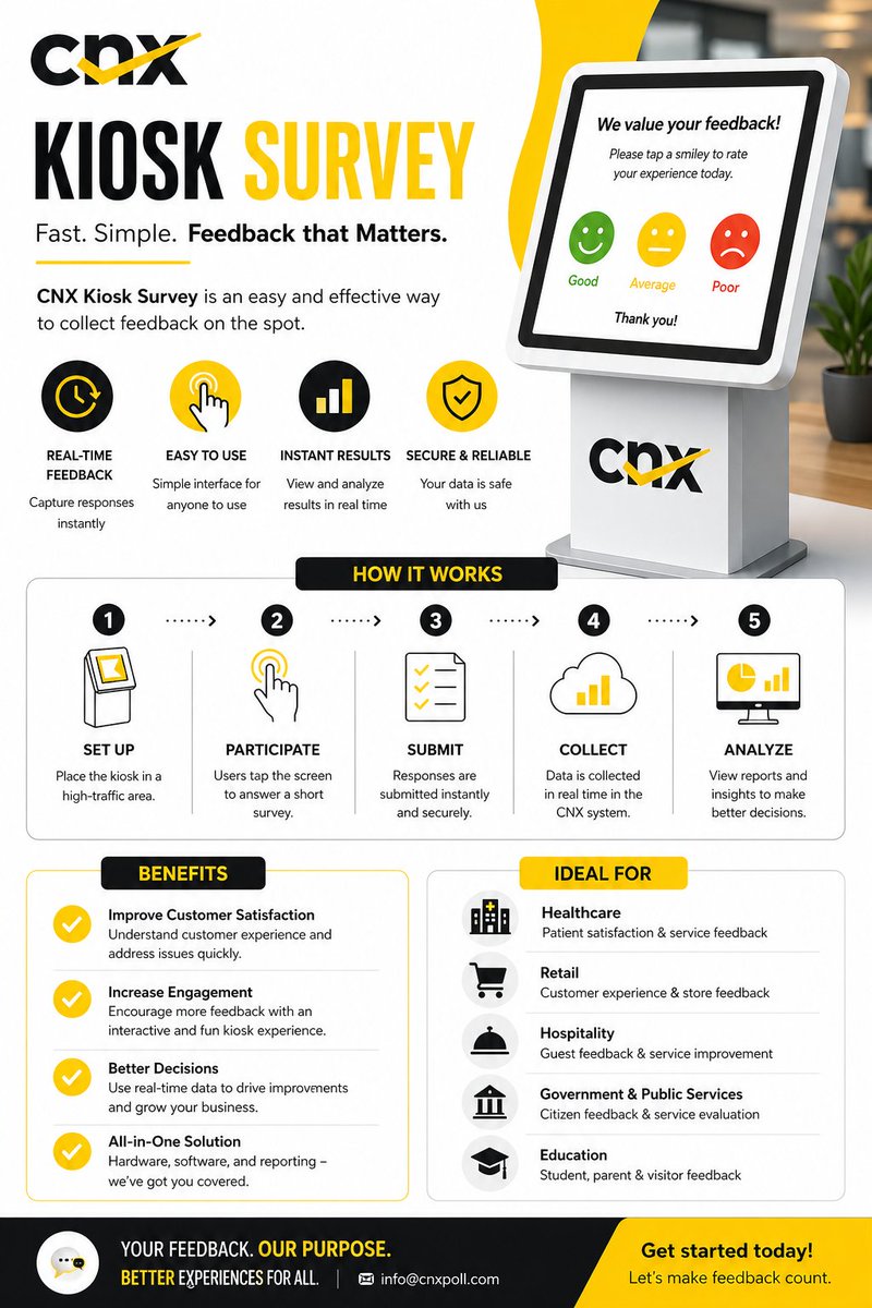 cnxpoll's tweet photo. 🚀 Turn feedback into action with #CNX Kiosk Survey!

Capture real-time customer insights with a simple, interactive experience—right where it matters most.

✔ Instant feedback
✔ Easy to use
✔ Secure & reliable
✔ Actionable insights

Transform experiences. Make smarter decisions.

👉 Learn more: https://t.co/cHoD1izqkv
📩 sales@cnxdatalab.com

#CustomerExperience #Feedback #CnxPoll #RetailTech #DigitalTransformation