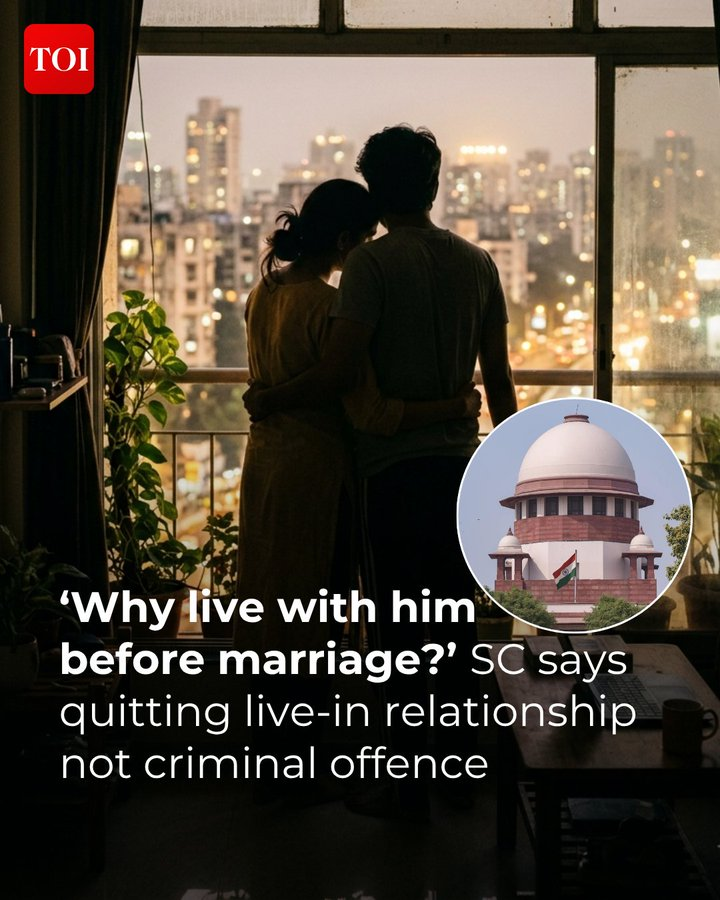 timesofindia's tweet image. While sympathising with #women whose live-in partners have walked out of the relationship, #SupremeCourt said courts could not do much as ending a consensual relationship was not an offence. 

Read here 🔗toi.in/courtSC
