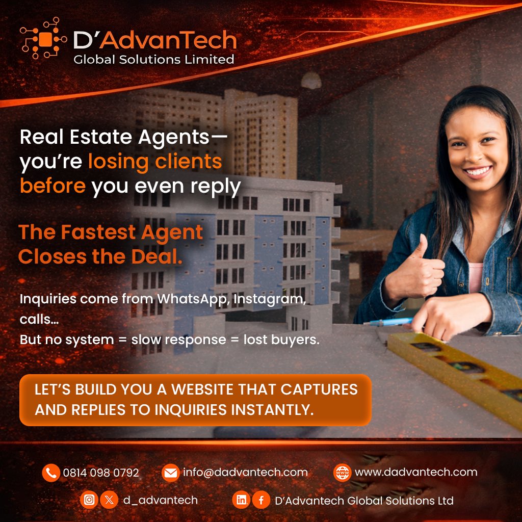 d_AdvanTech's tweet photo. You’re not losing clients because your properties are bad… you’re losing them because you’re too slow. 

Property inquiries come in from WhatsApp, Instagram, and calls—but there’s no structured system. By the time you respond, the client has moved on to another agent. https://t.co/kIVvPQ5xV5