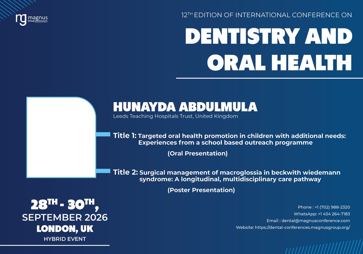 ICDOConference's tweet photo. 🦷Meet Hunayda Abdulmula (Leeds Teaching Hospitals Trust, UK) 

She joins @ICDOConference as a speaker! 🎤hosted by @magnus_group 

📍London, UK | 📅 Sept 28–30, 2026
🎓Earn 28 CE Credits

🔗https://t.co/yYHhHKWLfE

#DentalConferences #DentalConferences2025 #DentistryConferences https://t.co/SRciigFL4m