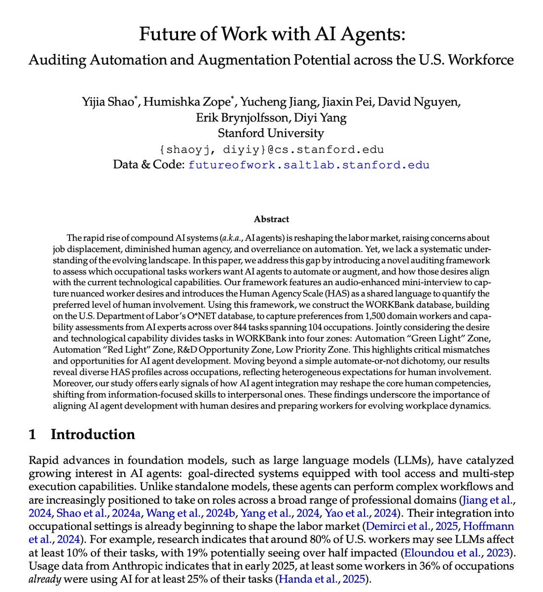 HowToAI_'s tweet photo. Stanford and MIT surveyed 1,500 workers and AI experts about which jobs AI will actually replace and automate.

Turns out the entire tech industry is building for all the WRONG jobs.

We’ve been sold this narrative of full automation.. but the data shows a completely different reality.

41% of startup investments (including a flood of YC companies) are pouring into the "red light" zones. They are building products for areas where workers either don't want automation at all, or the tech just isn't capable yet.

Startups are obsessed with building tools for full human replacement (level H1).. but workers are literally begging for "equal partnership" (level H3).

Meanwhile, the "green light" zones are being completely ignored. The top 10 jobs that actually want automation the most? they represent a measly 1.26% of actual AI usage on models like Claude.

Tech is solving problems nobody asked them to solve while ignoring the biggest pain points in the market.

Creatives drew a hard line in the sand.. only 17% of creative tasks got positive automation ratings. art directors, editors, and designers don't want AI.

Replacing their art. they want it handling their admin work so they can actually create. One art director summed it up perfectly: “I want workflow maximized, not content creation."

And the wage reversal is already happening.. high-paying hard skills like "analyzing data" are dropping in premium value fast. what's skyrocketing? "interpersonal communication" and "training others." Soft skills and human trust are becoming the ultimate premium in the agentic era.

When workers describe their ideal future, 23% specifically asked for "role-based support." they don't say "replace me." they say "set up my AI assistant."

They want the exact opposite of what silicon valley is pitching:

→ 69.3% want AI to automate repetitive tasks so they can focus on high-value work
→ 46.6% just want it to handle the boring stuff
→ 25.5% want it to reduce their mental drain

The market is building what sounds cool to engineers, not what workers actually need.

The human agency scale reveals the truth:

H1 = Full AI control (what startups build) 
H3 = Equal partnership (what workers want)
H5 = Human essential (what actually happens)

We're building for H1. Reality demands H3.