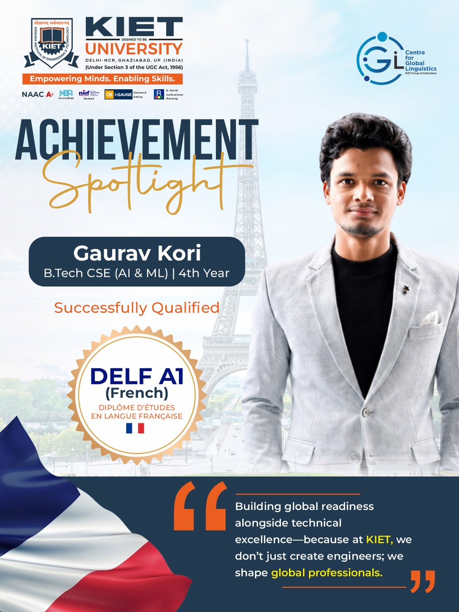 Kiet_edu's tweet image. 🎉𝗔𝗰𝗵𝗶𝗲𝘃𝗲𝗺𝗲𝗻𝘁 𝗦𝗽𝗼𝘁𝗹𝗶𝗴𝗵𝘁

𝗚𝗮𝘂𝗿𝗮𝘃 𝗞𝗼𝗿𝗶 (B.Tech CSE - AI &amp;amp; ML, 4th Year) qualifies DELF A1 (French) 🇫🇷

A great step toward global skills alongside technical excellence.

Congratulations on this achievement!

#StudentAchievement #DELF