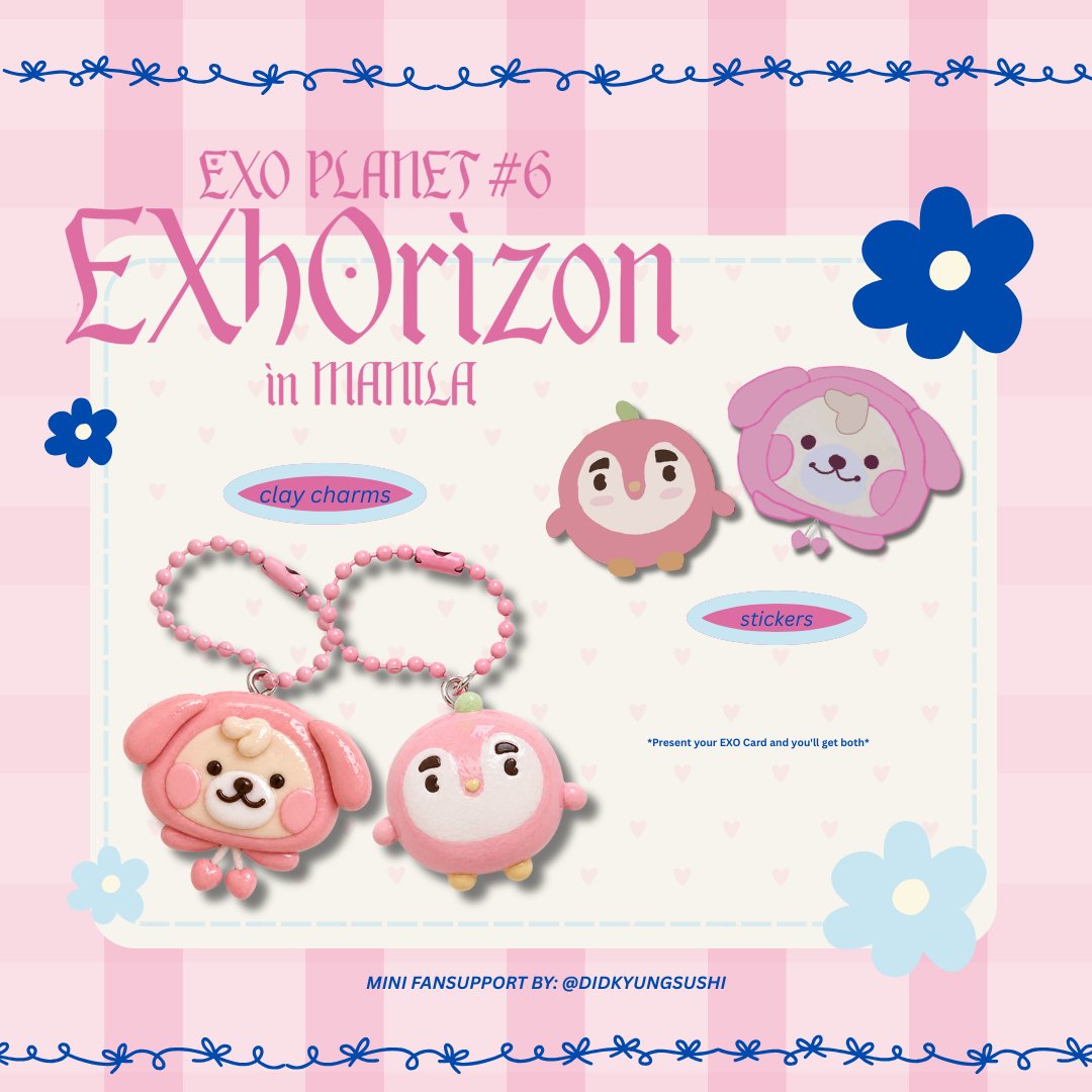 ⋆˚꩜.ᐟ mini fansupport by <a href="/didkyungsushi/">Luna ☽̶☾</a> for kyungsoo &amp; chanyeol🩷

clay charms made by <a href="/haeduche/">vee 🍀| lurking!</a>  

𑣲 July 4 and 5
𑣲 like, repost, &amp; follow  
𑣲  location is tba
𑣲  on the spot trade  
𑣲 1:1 only

see u there eris!🩵

#EXO #엑소 <a href="/weareoneEXO/">EXO</a> #EXhOrizoninMANILA