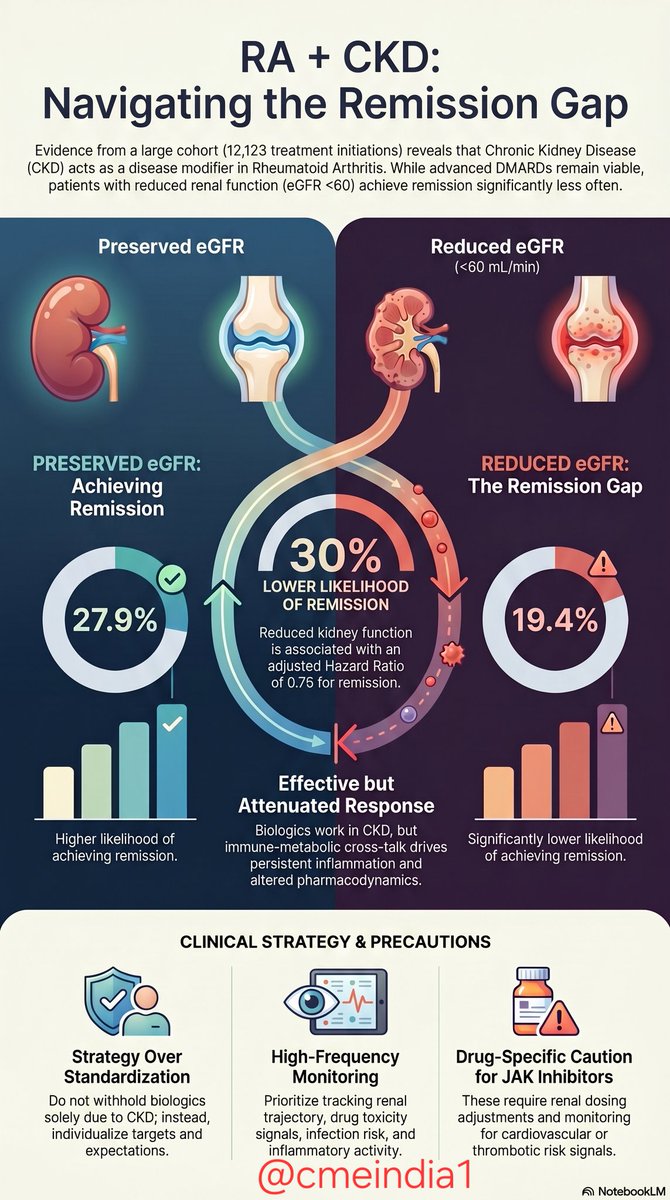 CMEINDIA1's tweet photo. CME INDIA Clinical Pearls

Rheumatoid Arthritis + CKD: DMARD Effectiveness Exists — But Remission Gap Persists

Source: (April 2026)

Core Clinical Insight

In patients with rheumatoid arthritis (RA) and chronic kidney disease (CKD), biological and targeted synthetic DMARDs remain effective and generally well tolerated, but remission rates are significantly lower compared to patients with preserved renal function.

Study Architecture (High-Quality Real-World Evidence)

Large multicentre prospective cohort using CorEvitas RA registry:

Total treatment initiations: 12,123
Patients: 9601
Follow-up: ~51,931 person-years

CKD defined as:
eGFR <60 mL/min/1.73 m²

Drug classes evaluated:

TNF inhibitors
CTLA-4 Ig (abatacept)
IL-6 inhibitors
B-cell depletion therapy (rituximab)
JAK inhibitors

Key Outcomes

Remission (CDAI-based):

Preserved eGFR: 27.9%
Reduced eGFR: 19.4%

Reduced kidney function was associated with:

Lower likelihood of remission
Adjusted HR: 0.76 (95% CI 0.66–0.88)

CME INDIA Interpretation

CKD in RA is not just a comorbidity — it is a disease modifier.

Even with advanced DMARDs, immune–metabolic–renal cross-talk likely drives:

Persistent inflammation
Altered pharmacodynamics
Higher baseline disease burden
Reduced therapeutic responsiveness

Clinical Pearls for Practice

Do not withhold biologics or targeted DMARDs solely due to CKD — they remain viable and necessary options.

Expect attenuated response, not treatment failure.

Treatment targets should remain remission or low disease activity, but expectations must be individualized.

Frequent monitoring is essential:

Renal function trajectory
Drug toxicity signals
Infection risk
Inflammatory activity

Drug-Class Considerations (Bedside Thinking)

IL-6 inhibitors may have additional benefit in high inflammatory burden states.

Abatacept may be preferred in patients with infection risk or frailty.

Rituximab remains useful in seropositive RA and renal comorbidity overlap.

JAK inhibitors require caution due to:

Renal dosing adjustments
Cardiovascular and thrombotic risk signals

Hidden Message for Diabetologists / Cardiometabolic Physicians

CKD-associated immune dysregulation mirrors patterns seen in:

Diabetes-related inflammation
Sarcopenic obesity
Cardiorenal syndromes

This explains blunted response to advanced therapies across specialties.

Red Flag Phenotype

RA + CKD + persistent high CDAI despite DMARDs should trigger:

Re-evaluation of adherence
Comorbidity burden (diabetes, anemia, malnutrition)
Inflammatory drivers beyond RA (infection, uremia-related inflammation)

CME INDIA Bottom Line

Biologics work in RA with CKD — but not equally.

CKD reduces the probability of remission, not the indication for therapy.

Treat early, monitor closely, and individualize aggressively.

Tagline

“In RA with CKD, therapy is effective — but remission requires strategy, not standardization.”

Reference

Fukui S, Ørbo HS, Tedeschi SK, et al. Effectiveness and persistence of biological and targeted synthetic treatment in patients with rheumatoid arthritis and chronic kidney disease: a multicentre, prospective cohort study. Lancet Rheumatology. 2026. DOI: 10.1016/S2665-9913(26)00046-9.

https://t.co/ukCj6dh2Nu