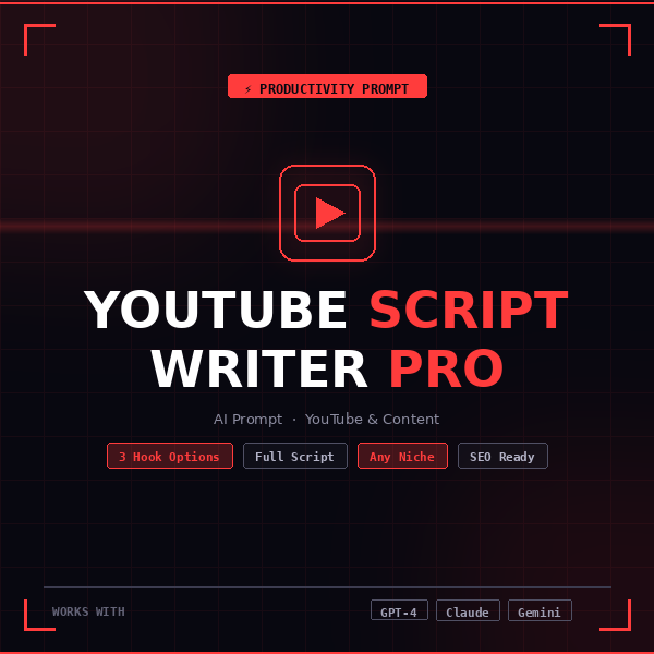RudyTan1177's tweet image. YouTube creators: 

The script is 80% of a successful video.

This AI prompt generates:
🎬 3 hook options (question/shock/story)
🎬 Structured main content
🎬 5 title options for SEO
🎬 Full description template

promptbase.com/prompt/youtube…

#YouTube #ContentCreator #YouTubeTips