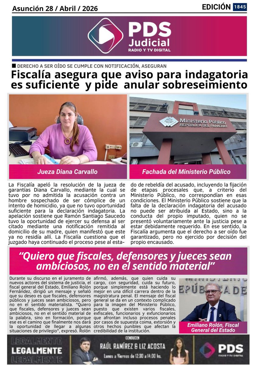 ¡Buen día!🙌🏻

Compartimos los principales títulos de la #PortadaDigitalPDS📰

Leé toda la información judicial en: 🔗pdsdigital.com.py

#PDSDigital