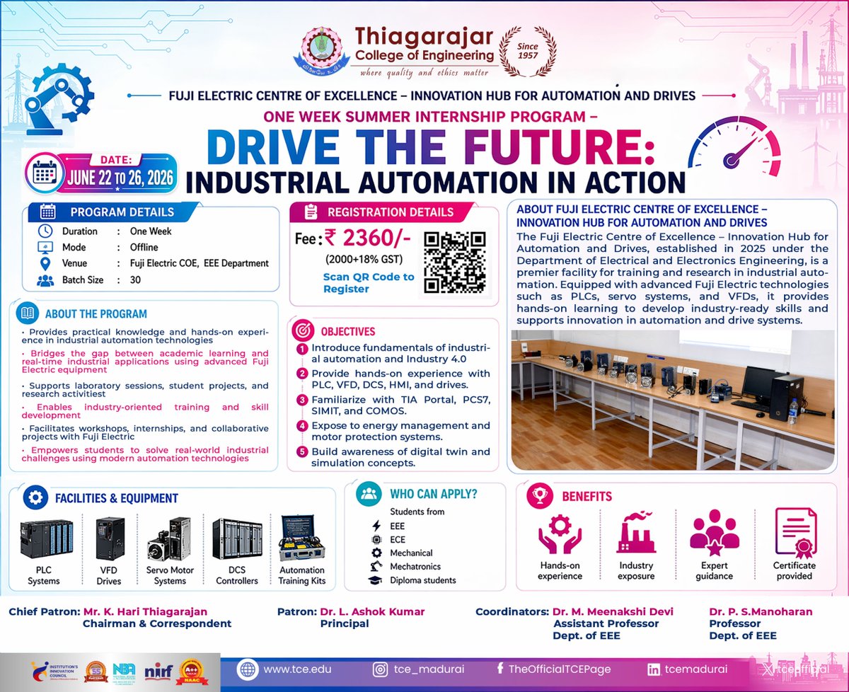 tceofficialpage's tweet image. 🚀 Industrial Automation Internship | TCE × Fuji Electric CoE
Learn PLC, VFD, Servo, DCS &amp;amp; Industry 4.0 with real-time applications.
📅 June 22–26, 2026 | 📍 Offline | 👥 30 seats
🎯 For EEE, ECE, Mech &amp;amp; Mechatronics
🔗 forms.gle/r6KNSB34uShcRD…
#TCE #IndustrialAutomation