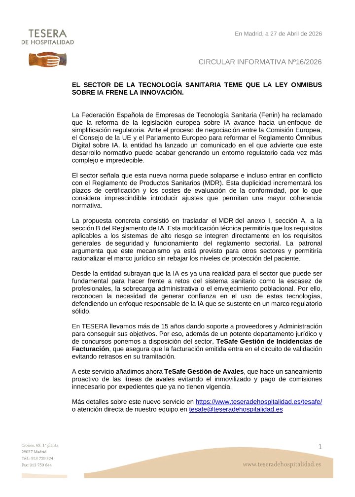 La industria de la tecnología sanitaria teme, que la proliferación y complejidad legislativa, ralentice el desarrollo de la IA y su aplicación. El encaje no es fácil. El conocimiento de la ley de contratación y sus implicaciones se hace imprescindible. <a href="/TeseradH/">TeseradeHospitalidad</a>   da soporte.