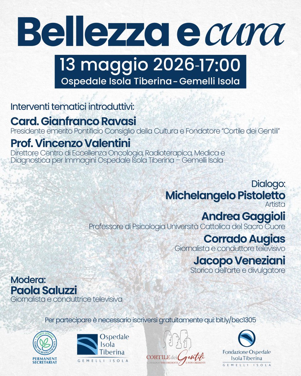 Prendersi cura, custodire, farsi prossimi: è la bellezza che si manifesta quando la fragilità non viene negata, ma accolta. Questo il tema del dialogo organizzato dal <a href="/CortiledeiGenti/">Cortile dei Gentili</a> e dall'Ospedale Isola Tiberina - Gemelli Isola, il prossimo 13 maggio.
bit.ly/bec1305