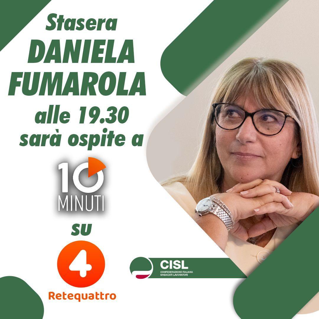 CislNazionale's tweet image. La leader #Cisl #DanielaFumarola questa sera, a partire dalle 19.30, sarà ospite della trasmissione “10 minuti’ condotta da Nicola Porro su Rete4.
