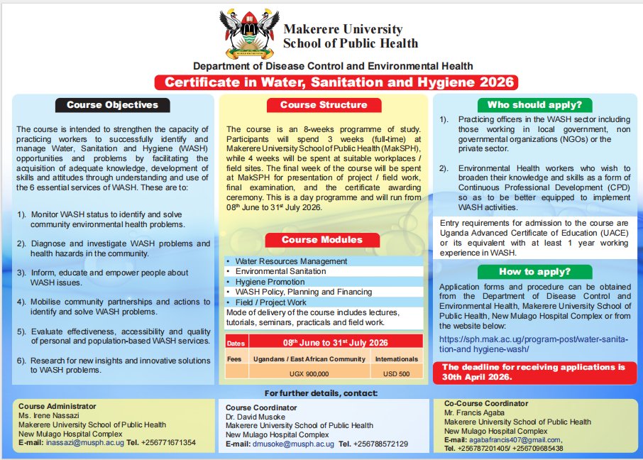 AGABAFRANC9029's tweet image. ⏳ Deadline: Thursday, 30 April 2026

Step into the future of #WASH with our 8-week intensive course!

Counting 2 days to the final close of the WASH Short course call for applications by #MakSPH 

Apply now: sph.mak.ac.ug/anouncement/co…