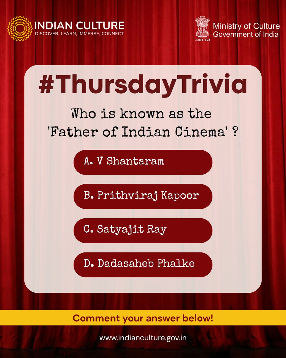 _IndianCulture's tweet image. Who is celebrated as the 'Father of Indian Cinema'?
Drop your answer in the comments below!

Explore more about India's incredible cultural heritage on indianculture.gov.in

#ThursdayTrivia #IndianCulture #IndianCinema #CulturalHeritage #MinistryOfCulture #IncredibleIndia