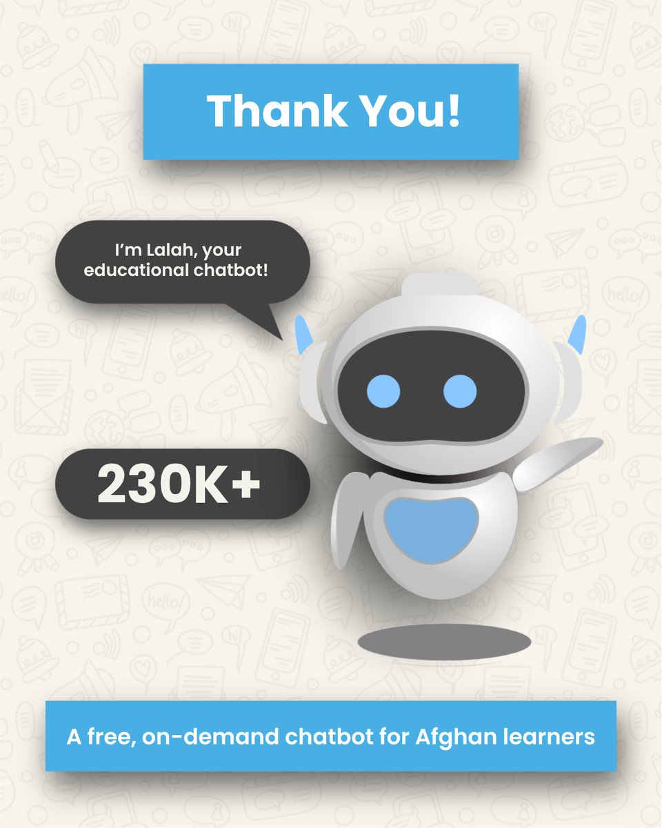 Lapis_group's tweet photo. 230,000 people are using Lalah, our AI chatbot tutor, vastly exceeding our expectations. 

Lalah was built for Afghan learners -- available for FREE in Dari and Pashto, on any phone, at any time. Our goals is expand access to quality education to every motivated learner. https://t.co/Tu3Jzs76rE