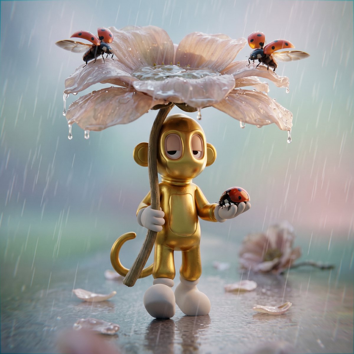 edizkan_'s tweet image. Prompt Share 🚨

Let’s make the timeline bloom 🌻🌹🌸🌼🌷

Prompt 👇

A cinematic, dreamy photograph of the uploaded reference character’s exact likeness, walking forward under heavy rain, holding a giant real flower above its head like an umbrella. Full body visible within