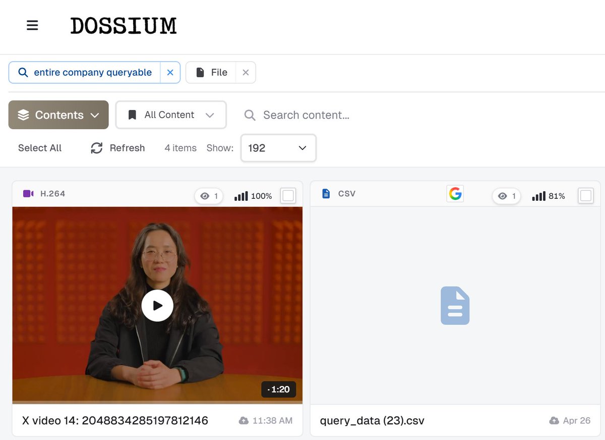 KirkMarple's tweet photo. Like this? @dossium 

It grabbed the embedded video from X, transcribed it, embedded it... queryable against email, Slack, CRM, anything.  

And can ask about points in the transcript from a Dossium Agent. https://t.co/PGkjz56Spi