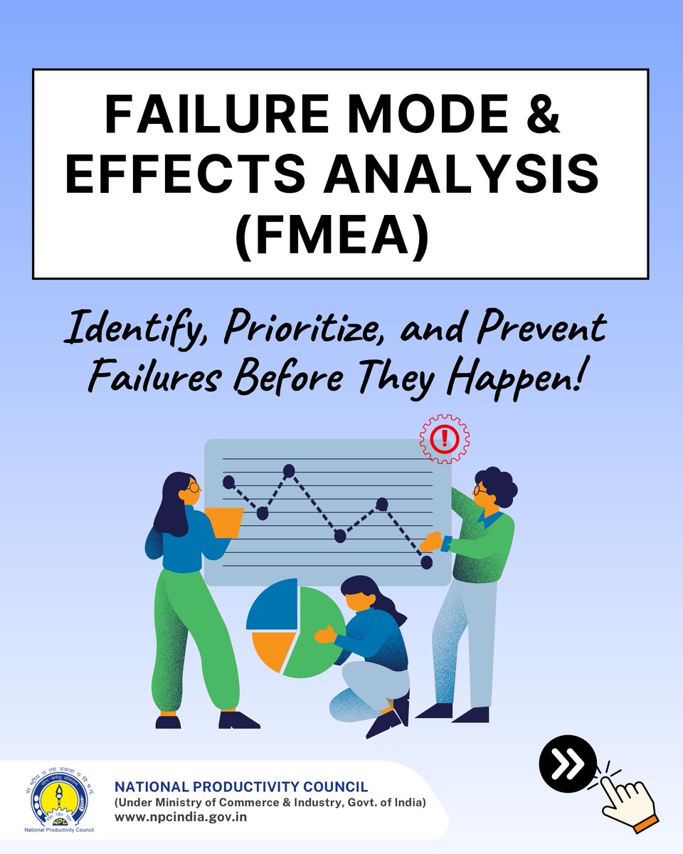 NPC_INDIA_GOV's tweet image. Failures can be predicted—and prevented.

FMEA helps identify risks, analyze impacts &amp;amp; take proactive action to ensure safety, reliability &amp;amp; efficiency.

@DPIITGoI @CimGOI @PiyushGoyalOffc @narendramodi 

#FMEA #RiskManagement #Productivity #Quality #Manufacturing #MSME