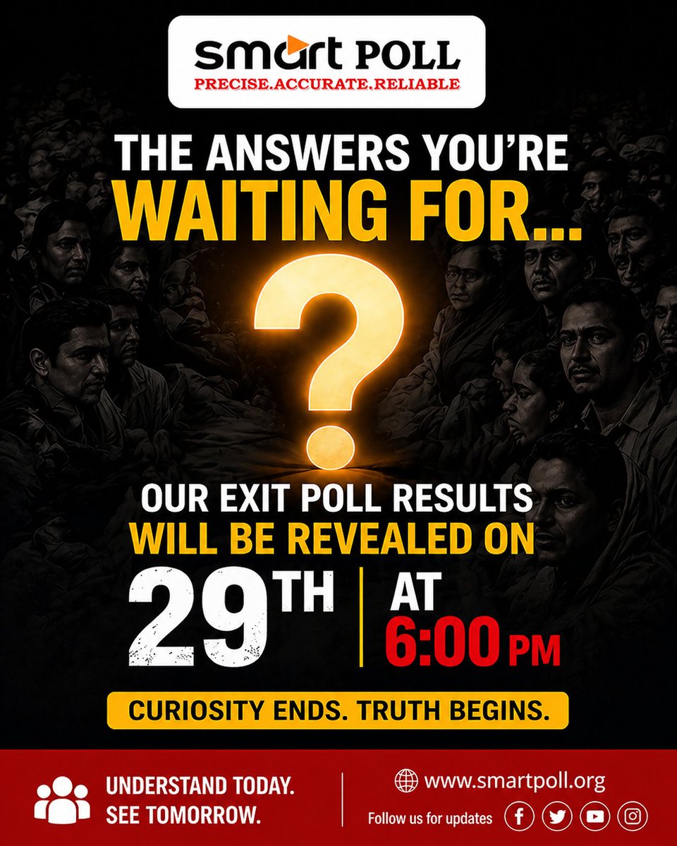 smartpollsurvey's tweet photo. ❓ The answers you’re waiting for…

Smart Poll will reveal Exit Poll Results on
🗓️ 29th | ⏰ 6:00 PM

🌐 https://t.co/B3ZBkOyYcV

#SmartPoll #ExitPoll #ElectionResults #IndiaVotes #ElectionInsights https://t.co/Sx5C9maM5E