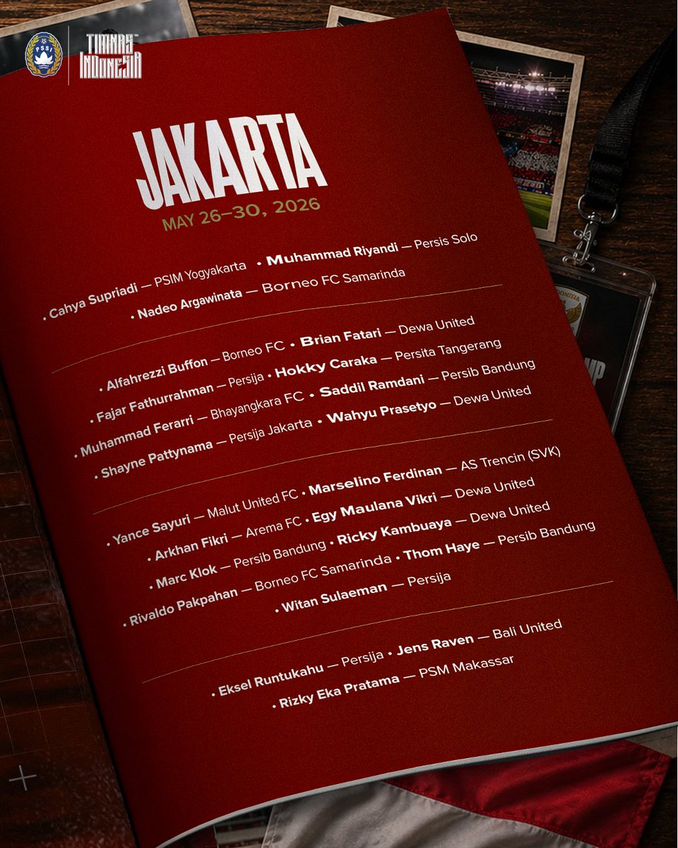 ✅ RESMI : Skuad timnas Indonesia yang dipanggil untuk TC (26-30 Mei) di Jakarta, untuk persiapan Piala AFF (24 Juli - 26 Agustus). 🇮🇩

📸 <a href="/TimnasIndonesia/">Timnas Indonesia</a>