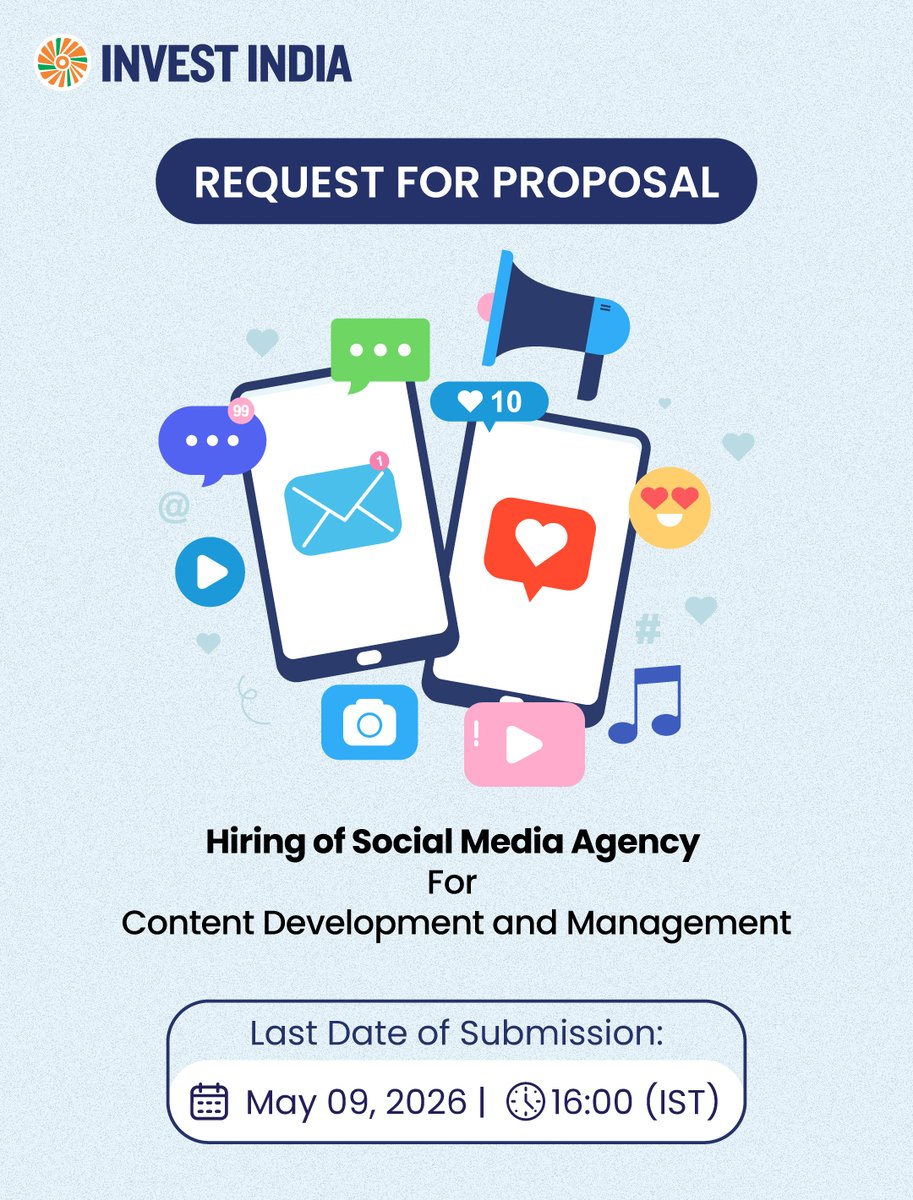 investindia's tweet image. 𝐑𝐄𝐐𝐔𝐄𝐒𝐓 𝐅𝐎𝐑 𝐏𝐑𝐎𝐏𝐎𝐒𝐀𝐋𝐒 

#InvestIndia invites proposals for hiring a Social Media Agency for Content Development and Management. 

Apply now: tinyurl.com/43nabpr7 

#InvestIndia #InvestInIndia #IndiaOpportunity #TenderNotice #RFP