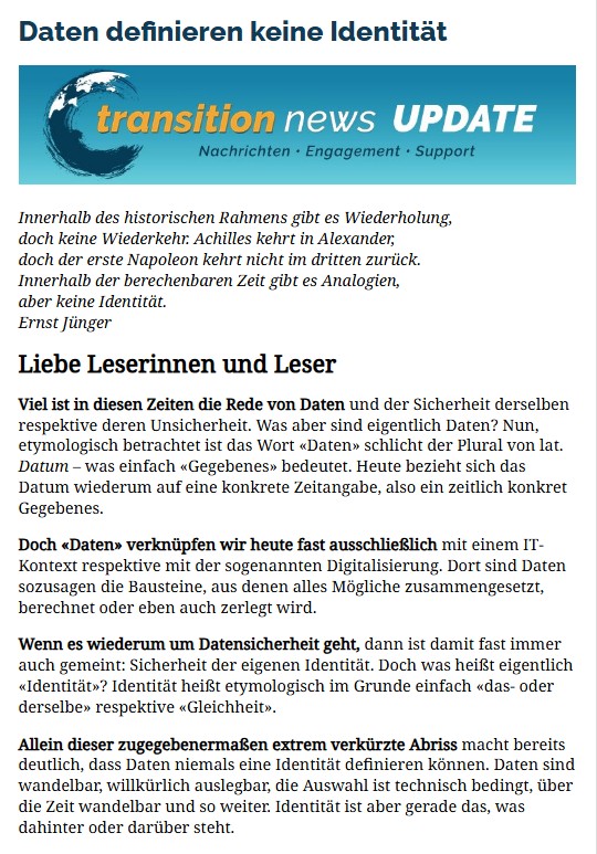 C_Transition2's tweet image. Daten definieren keine Identität

Transition News Newsletter

Newsletter weiterlesen ... (transition-news.org/daten-definier…)

Bleiben Sie informiert über Aktuelles und registrieren (transition-news.org/newsletter-abo…) Sie sich für den kostenlosen Newsletter. Dankeschön ❤️

#transitionnews #newsletter