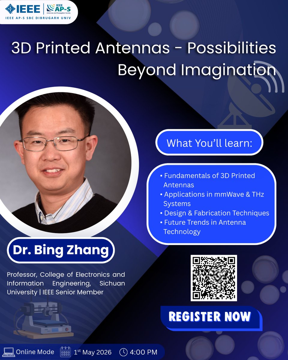 ieeedusb's tweet photo. 3D Printed Antennas – Possibilities Beyond Imagination” with Dr. Bing Zhang

📡 mmWave, THz, RF &amp; AiP
📅 1 May | 🕖 4 PM | 🌐 Online
🔗 https://t.co/WG1B8eEkzf
#IEEE #Antennas https://t.co/dvIFuptPAa