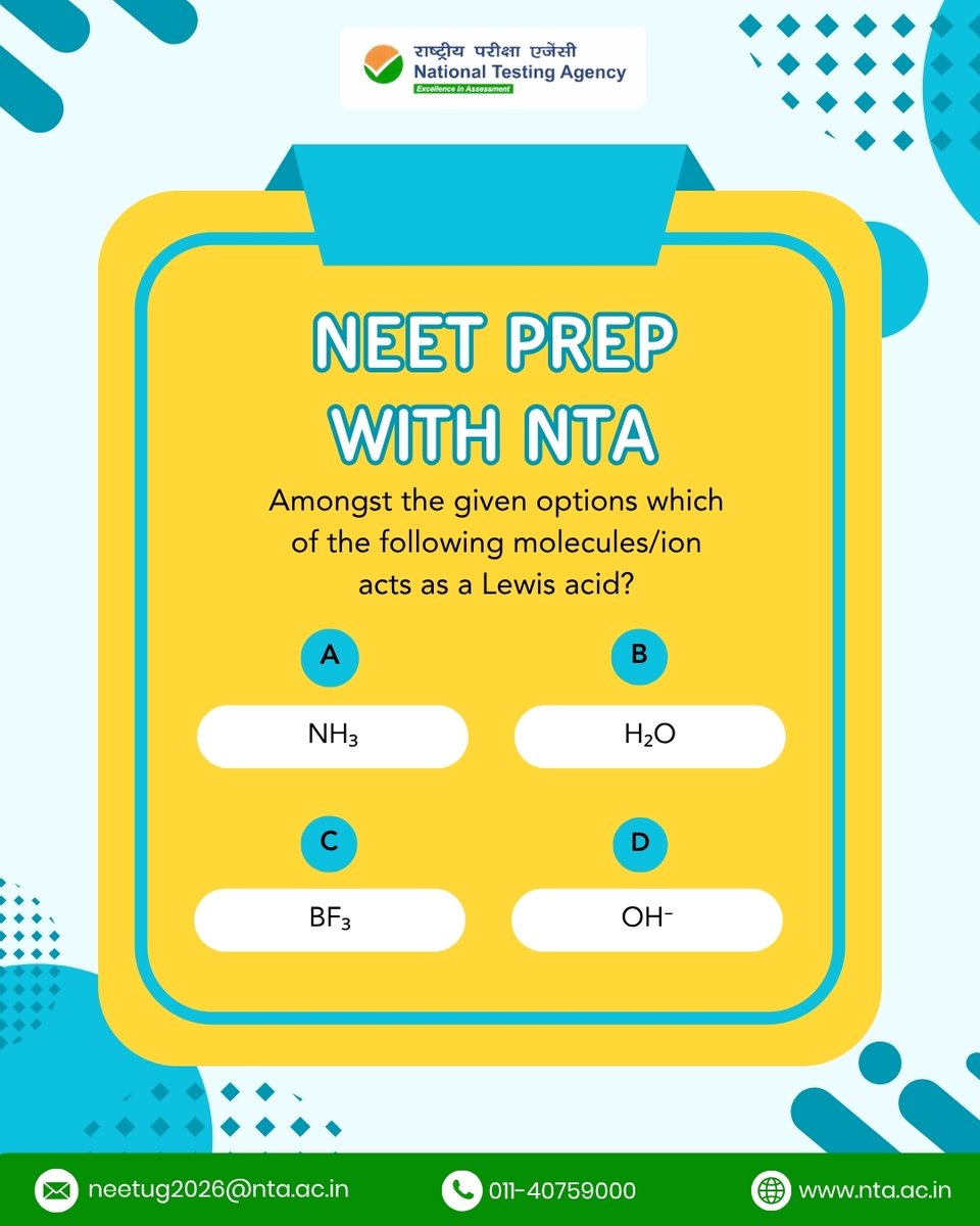 NTA_Exams's tweet image. NEET Prep with NTA! 

Amongst the given options which of the following molecules/ion acts as a Lewis acid?

👉 Answer in comment A / B / C / D  

#NTA #NTAUpdate #NTAExam #NEETUG2026 #NEETPrepWithNTA