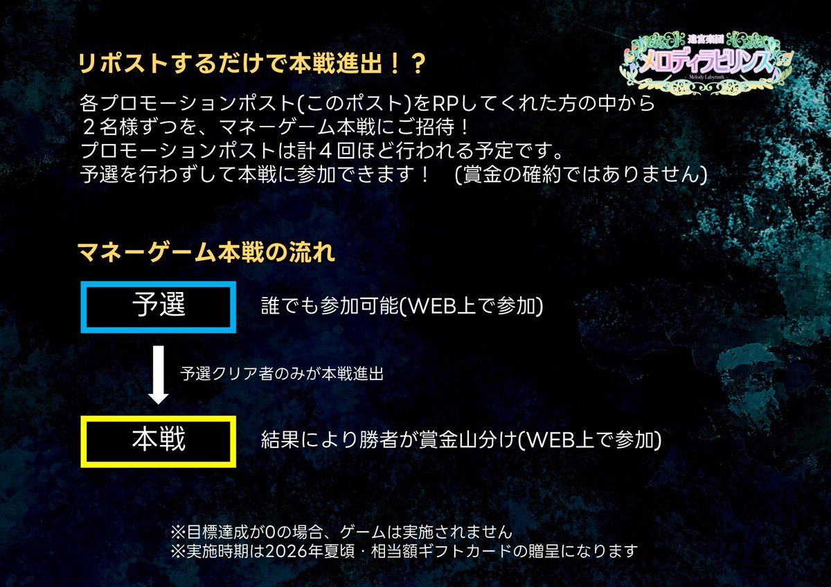 【💰第三回プロモーション💴】

『マネーゲーム敗者が流れ着く島からの脱出』開催を記念し、マネー争奪戦を開催します🎭

①チケット売上が目標達成するたびに総額🆙
②当ポストをRPすると抽選で2名様ずつ本戦出場が確約🪙

【最大6万円】が手に入るチャンス‼️ 夢を掴め🤝🏻

#メロラビ
#マネー敗者脱出