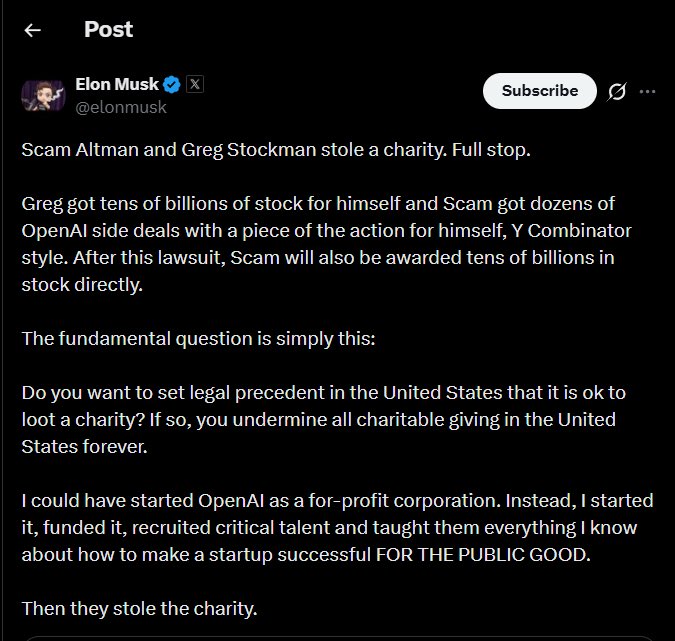 ShanksBNB's tweet image. Elon Musk just dropped a massive bombshell and pinned this tweet to the top of his profile!

He claims they turned OpenAI from a nonprofit into a personal money-printing machine with tens of billions flowing into private pockets.