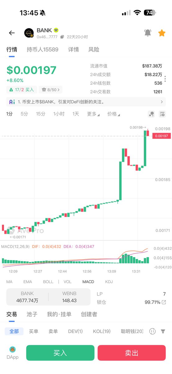 银行为什么我会一直坚持，理由是唯一一个我自己地推进场的币，我不会玩一个币但我的地推要进的币目前只有银行……期待下一个币我会带地推入场……感谢线上交出筹码