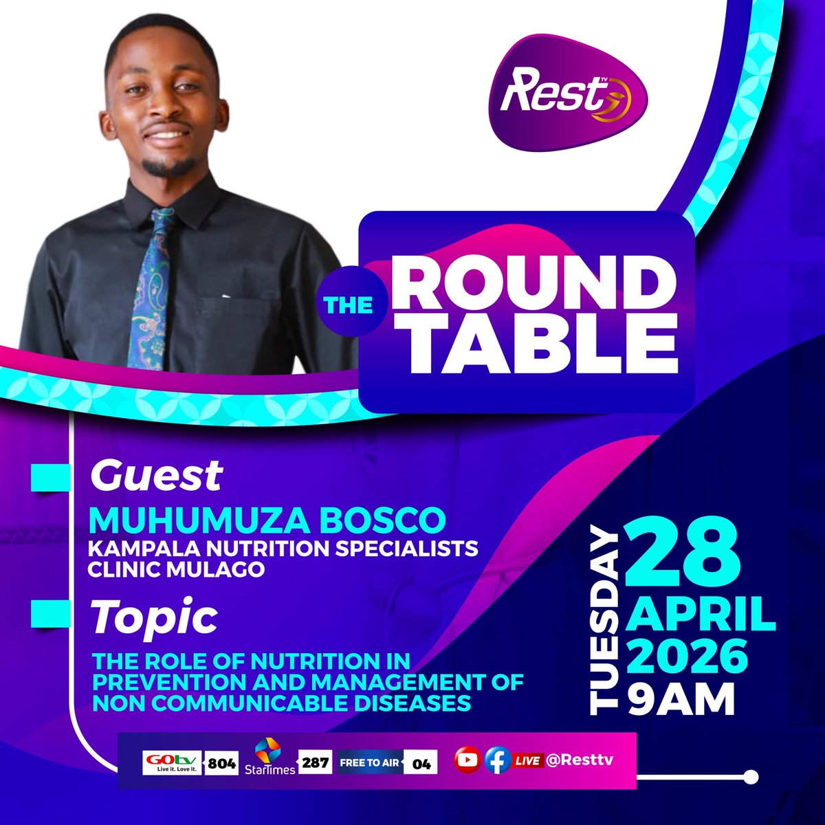 MuhumuzaB79977's tweet image. The role of nutrition in prevention and management of Non communicable diseases.  
#we are live at Rest TV 9:00am to 10:00am