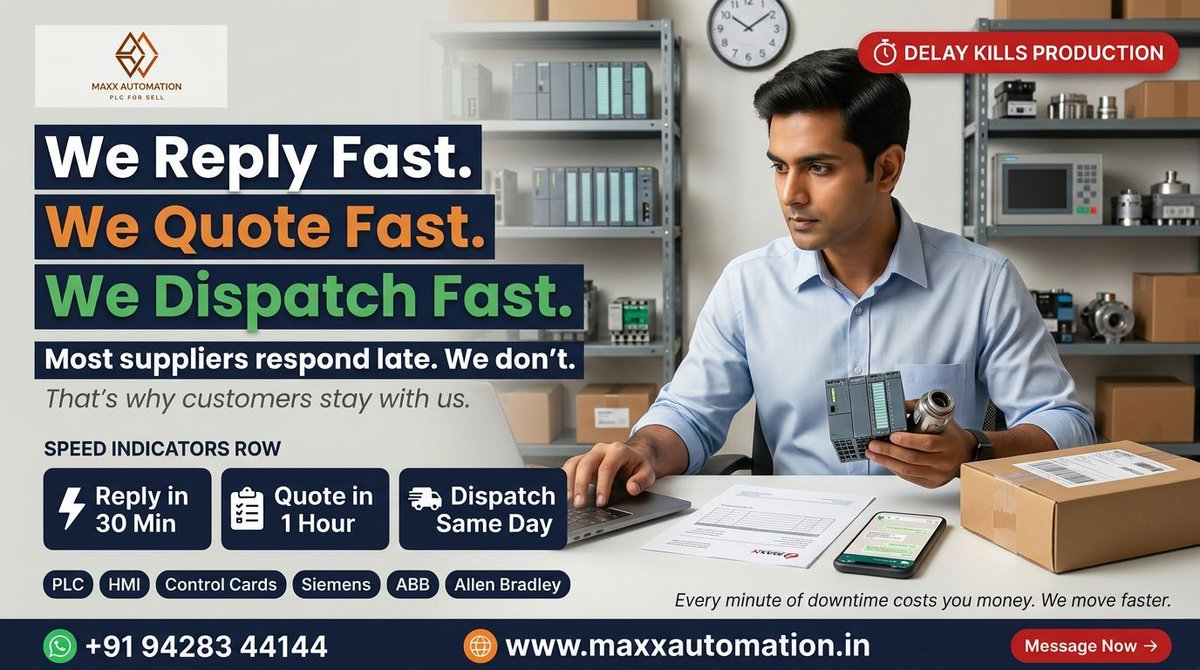 AliJivani144's tweet image. Every hour of downtime = money lost. 💸

So why are you waiting on a slow supplier?

At Maxx Automation:
✅ We reply fast
✅ We quote fast
✅ We dispatch fast

No delays. No excuses.

📲 +91 94283 44144
🌐 maxxautomation.in

#IndustrialAutomation #FastDispatch