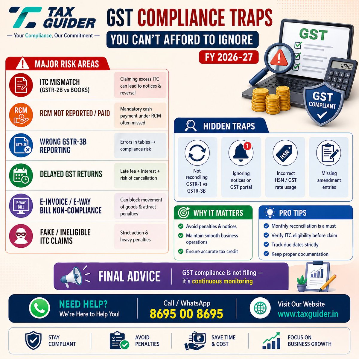 Taxguideroff's tweet image. GST Compliance Traps FY 2026–27

ITC mismatch, RCM errors, wrong 3B &amp;amp; late filing = penalties ⚠️

Reconcile monthly &amp;amp; verify before filing ✔️
💼 GST compliance = Continuous monitoring, not just filing 
🌐 taxguider.in

#GST #Compliance #ITC #RCM #GSTR3B  #TaxGuider