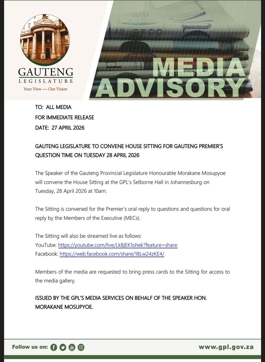 GPLegislature's tweet image. The Sitting is convened for the Premier’s oral reply to questions and questions for oral reply by the Members of the Executive (MECs).

The Sitting will also be streamed live as follows:

YouTube: youtube.com/live/Lk8jEK1oh…

Facebook: web.facebook.com/share/18Lw24zK…

#GPL #GettoknowGPL